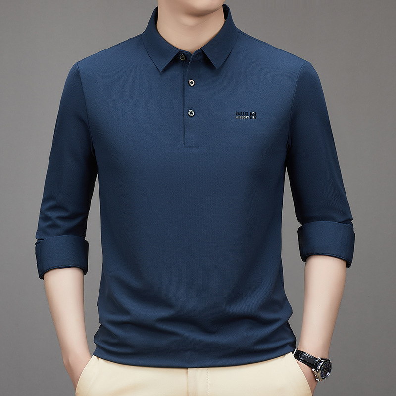 专柜品牌男装秋款T恤中年爸爸商务休闲高档上衣桑蚕丝长袖体恤衫