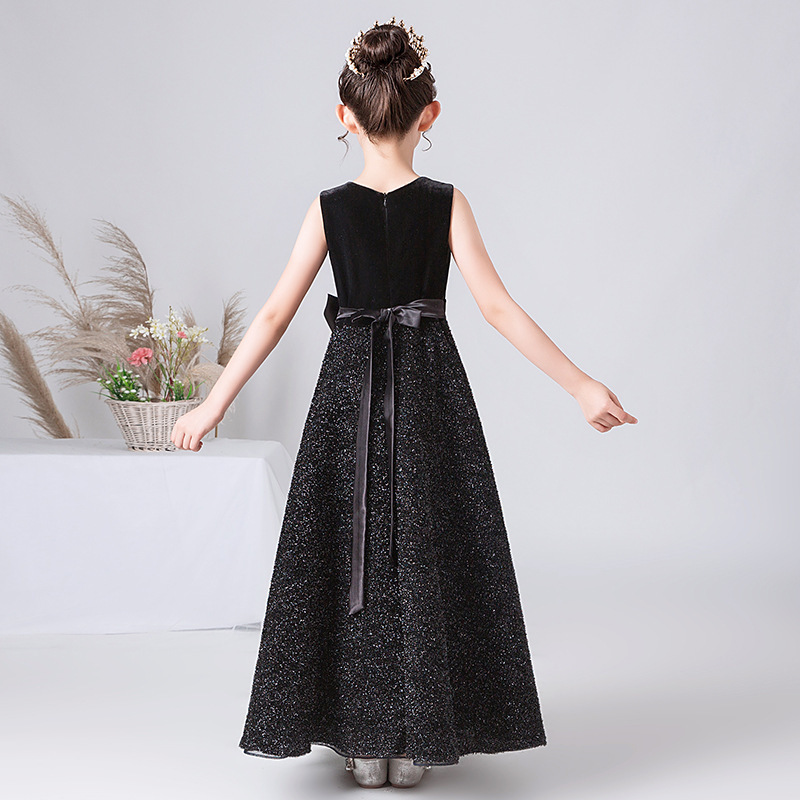 Vestido de concurso infantil brilhante sem mangas – Vestido de princesa com glitter para apresentações e eventos (80-160cm, preto clássico)_voghion.com