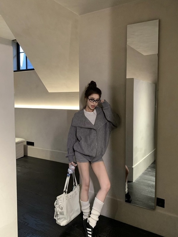 韩系慵懒灰色立领卫衣外套女秋季宽松拉链开衫chic高级感翻领上衣|undefined