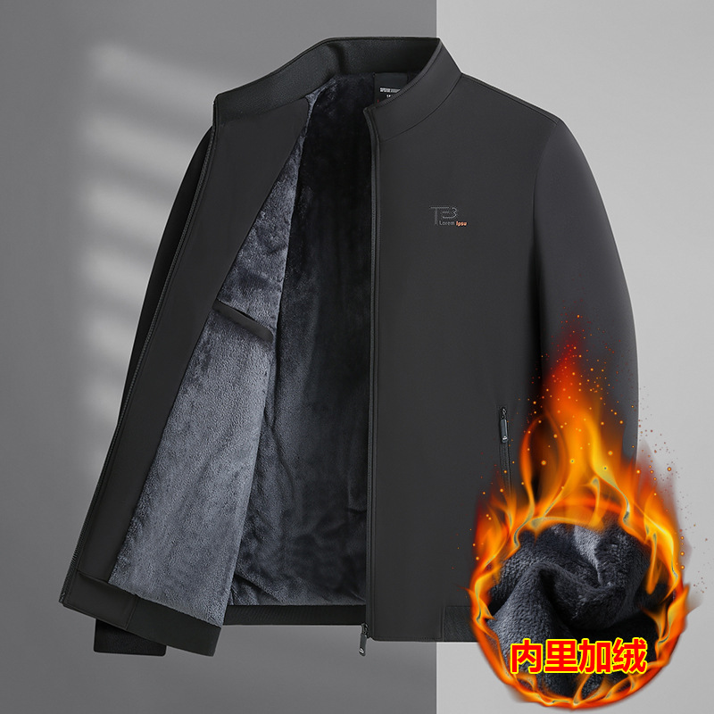 New autumn/winter men's stand-up collar jacket for middle-aged and elderly men, fleece-lined, thickened, warm, comfortable, loose-fitting business top