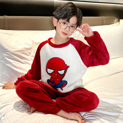 Children's sleepwear flannel winter for girls and boys coral velvet one-piece hooded set for middle-aged children boys home wear set