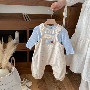 Dianxi 2025 New Autum Infant Patch Overalls Set Baby Girl Lace Collar Bottoming Shirt Two-Piece Set