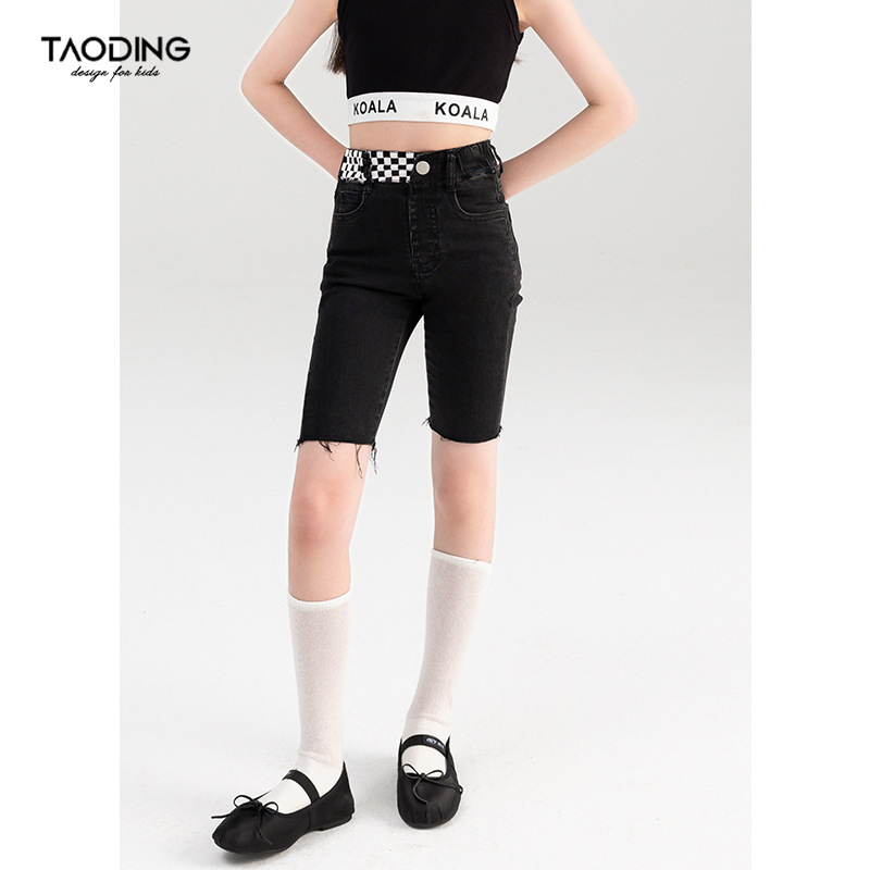 Taodeng Girls' Pants Summer New Shorts Casual Denim Solid Color Frayed Five-Point Pants Elastic Slim Versatile