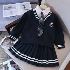 女童JK制服套装裙秋季新款中大童假两件长袖卫衣百褶裙两件套童装
