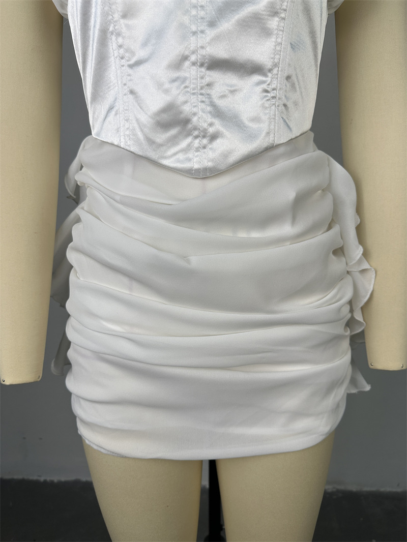 Women Clothing Summer Elegant V neck Short Sleeve Stitching Tight Waist Pleating Short Dress