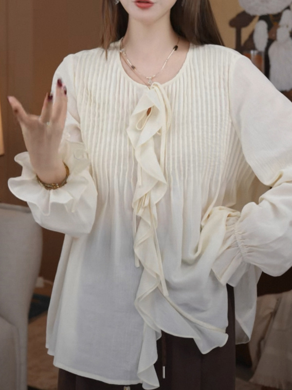 棉系带荷叶边长袖衬衫设计感花瓣袖早秋气质小众法式上衣女|undefined