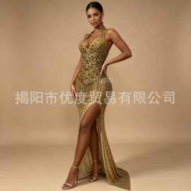 欧美时尚闪亮水钻镜片气质挂脖开叉长裙酒会派对礼服走秀演出古铜