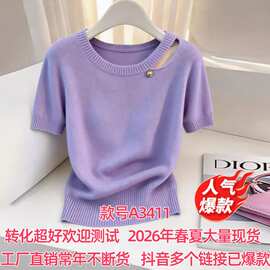 夏季新款女士时尚减龄冰丝薄款上衣超好看紫色圆领短袖针织衫