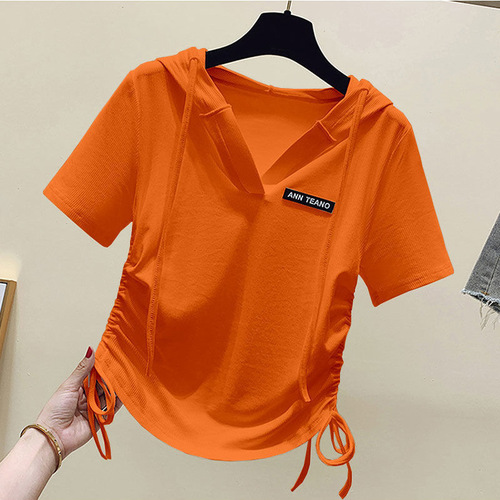 Ice Silk Hooded Short Sleeve T-shirt Women's New Summer Fashion Versatile Asymmetrical Drawstring Short Top Underwear