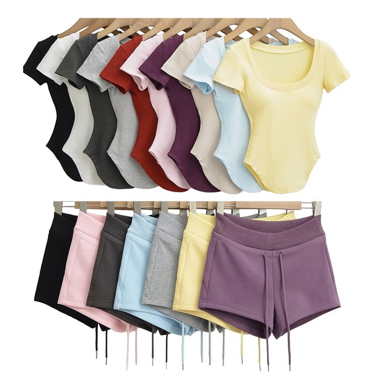 Hot Girl Square Collar with Chest Pad Curved Short-sleeved T-shirt Low Waist Hip Sports Shorts Summer suit Women's Slim-fit Top