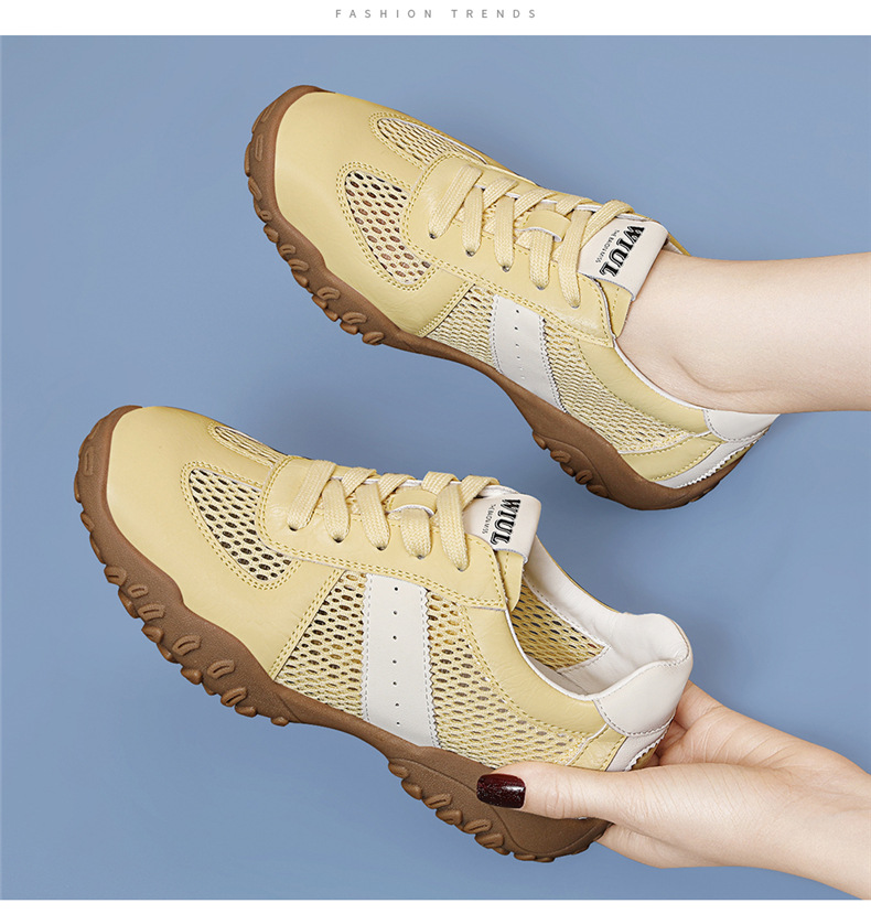 Giày sneaker nữ đế dày lưới da thật thoáng khí mùa hè 2025 phong cách Đức Huấn — Lưới JST 7233m màu, Lưới vàng JST 7233 chi tiết 4