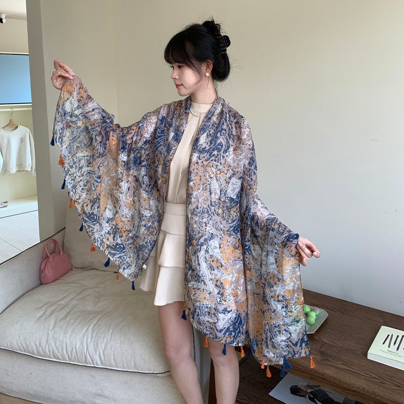 スカート付き夏用ショール、夏用プリント、新しい中国風のボタン付きシルクスカーフ、日焼け止めショール、小さなチョッキ付き|undefined
