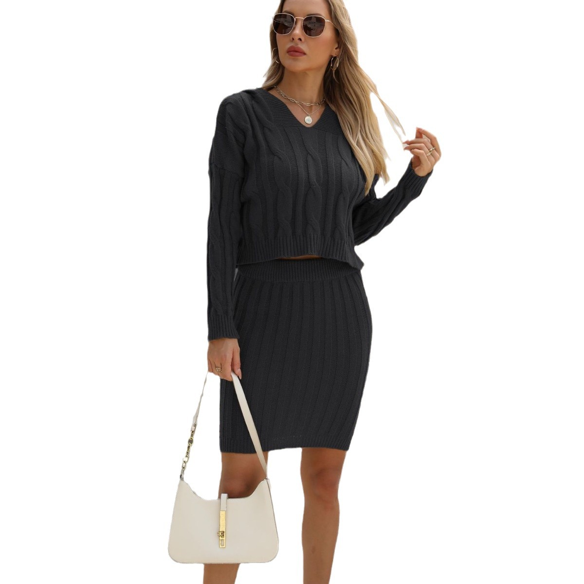 Damska casualowa jesień i zima nowa damska dzianina Fried Dough Twists długi rękaw kaptur spódnica biodrowa garnitur_voghion.com