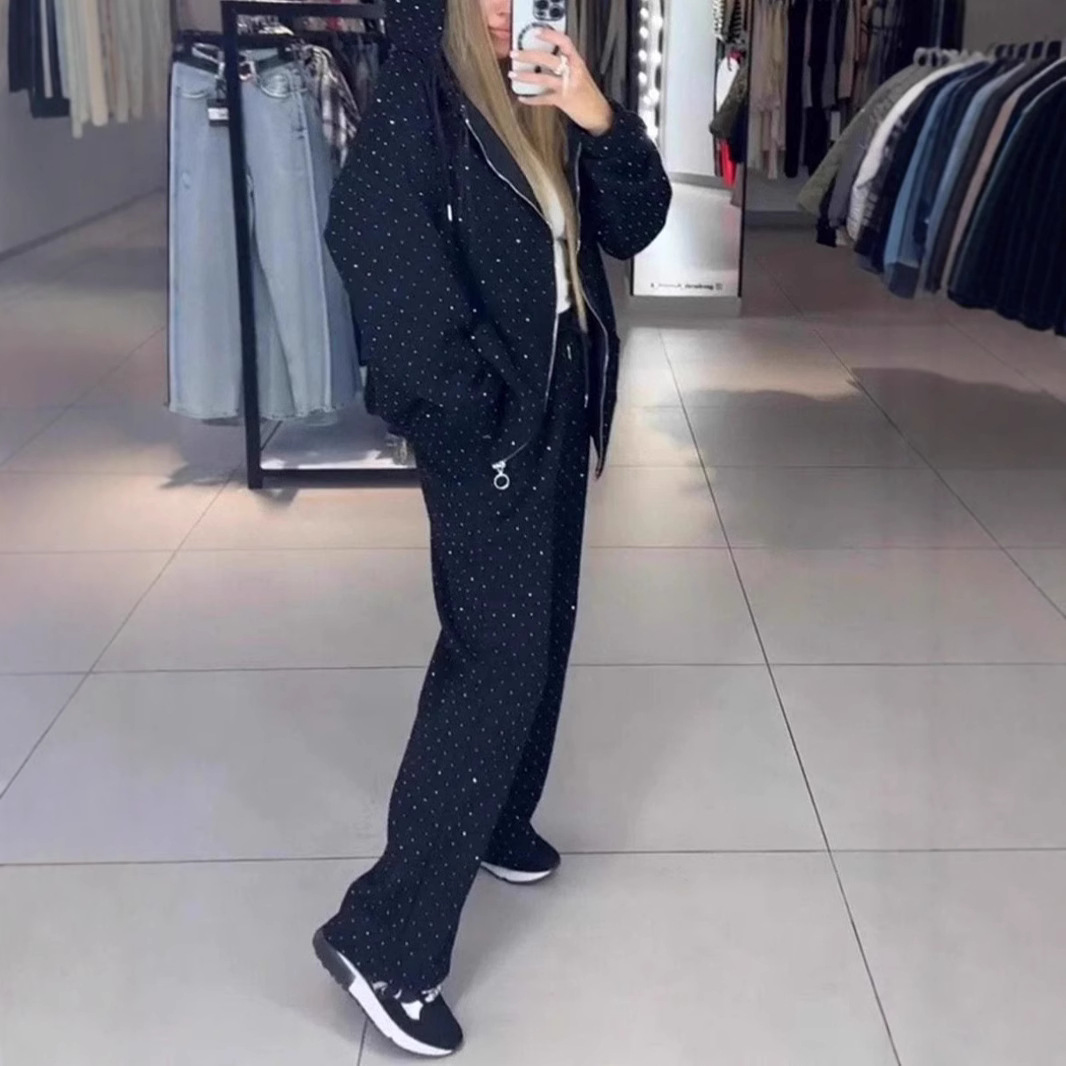 Damenbekleidung Sportanzüge Herbst und Winter mit Reißverschluss Lazy Style Lässiges Kapuzenpullover mit Rauten-Hose mit weitem Bein Zweiteiliger Anzug_voghion.com