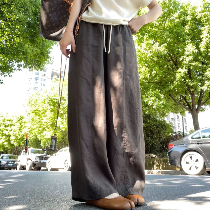 Old Money Style Linen Curved Pants for Women, Summer Thin Large Size Plus Size High Waist Loose Slimming Casual Wide Leg Pants