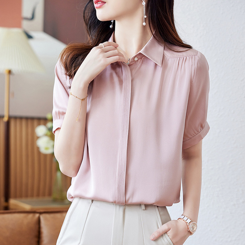 Heavy Silk Shirt for Women, Short Sleeve, 2026 New Style, Elegant and Slimming, Pure Silk, Solid Color, Stylish Loose Top