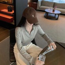 老钱风灰色POLO领针织衫女早秋V领内搭打底衫松弛感宽松长袖上衣
