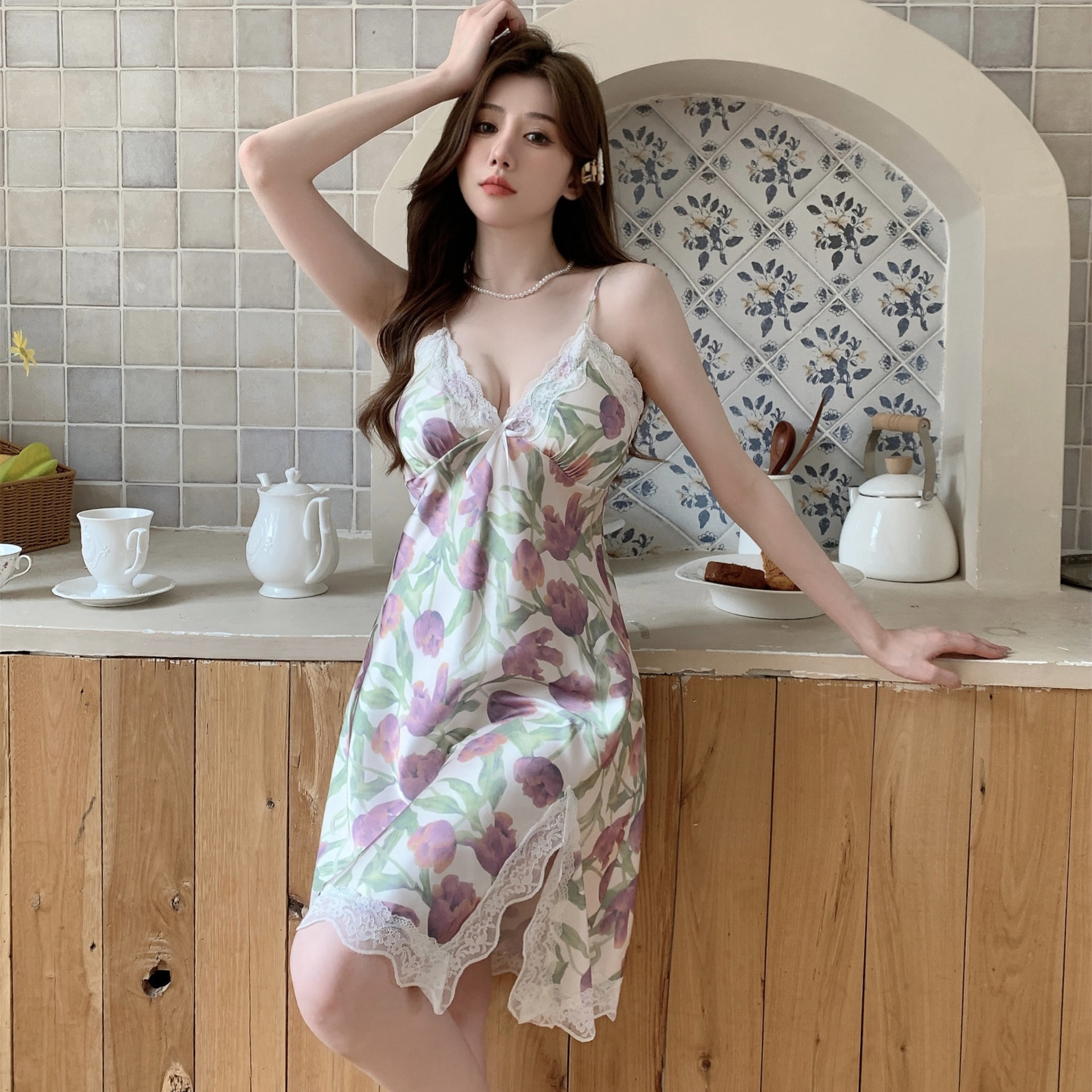 2023 New Sexy Nightdress Women's Summer Sling Ice Silk Pajamas ins Printed Pure Desire Pajamas with Chest Pad