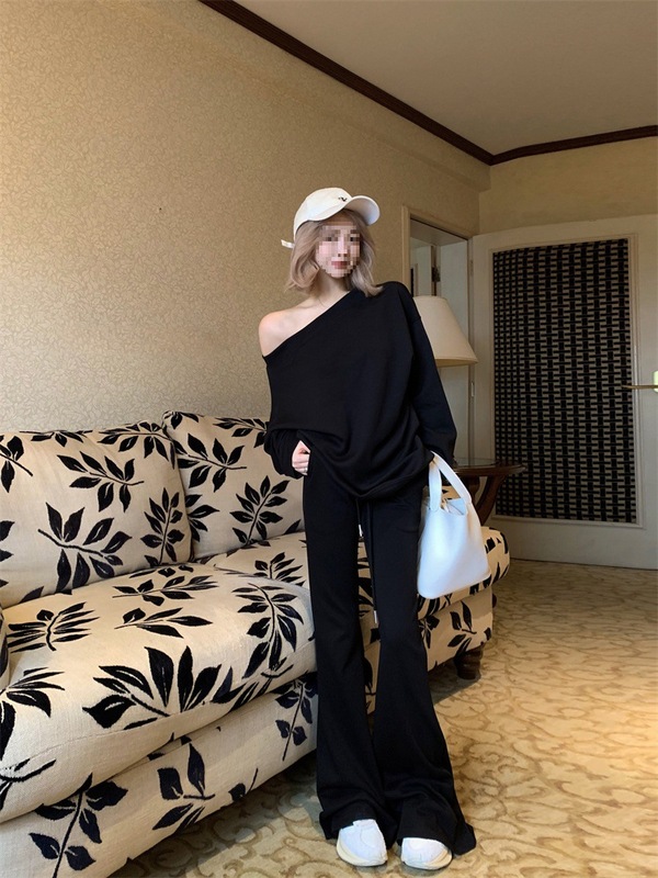 春秋穿搭美式卫衣女chic韩系休闲百搭慵懒风宽松长袖斜肩露肩上衣|undefined