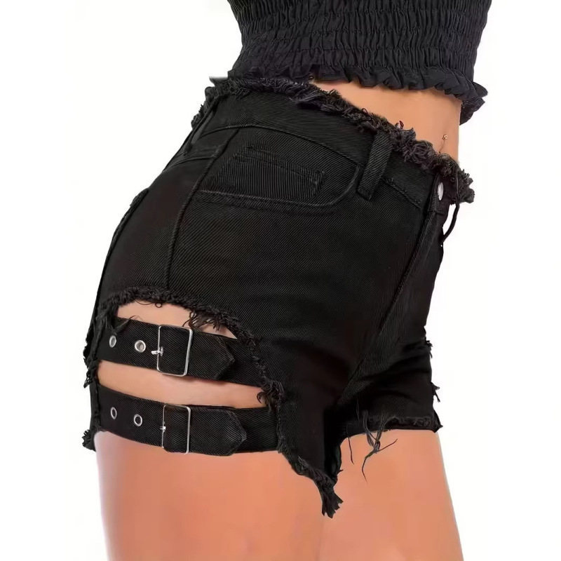 2026 Cross-Border Black Denim Shorts for Women with Frayed Edges, European and American Style, Temu Adjustable Elastic with Metal Buckle, Jeans Independent Site