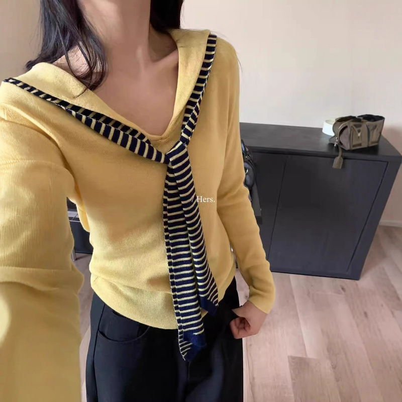 Navy Collar Shawl V-Neck Fake Two-Piece Knitwear for Women Autumn New Preppy Style Slimming Look Bottoming Top