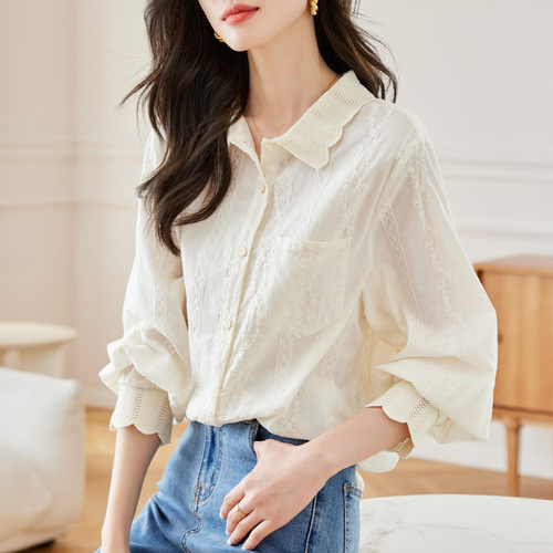 Cotton Pima Shell Blouse Women's Long Sleeve 2025 Spring Collection New Design Style Indie Knit Collar Top Shirt