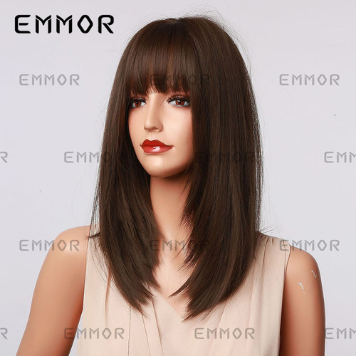 Cross-border foreign trade European and American wigs with bangs, black brown shoulder-length straight hair, tail curls to modify the face shape, high-temperature silk Wigs