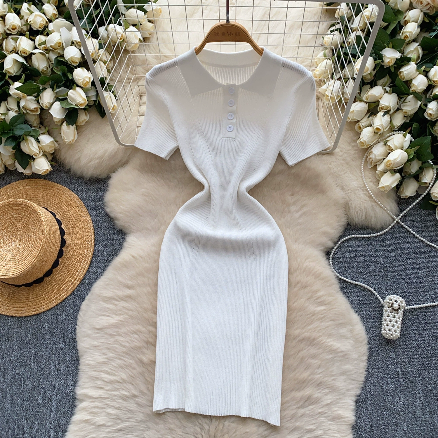 Корейское ретро-пуговичный кардиган с воротником-поло трикотажное платье с короткими рукавами и тонкой талией