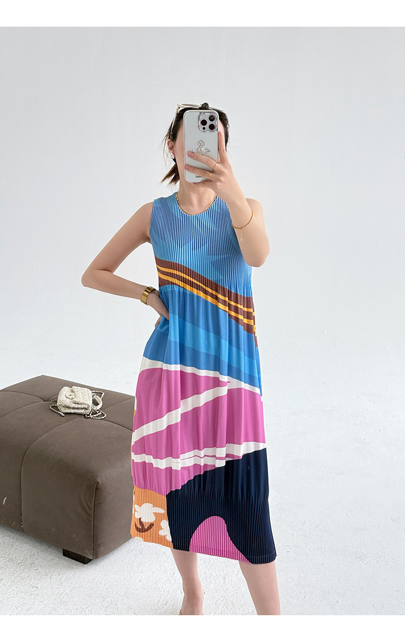 Váy liền không tay in hoa xếp nếp dáng suông mùa hè — Màu xanh ngọc chi tiết 1