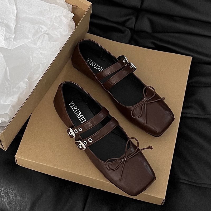 Brown autumn retro Mary Jane shoes square toe flat low-cut