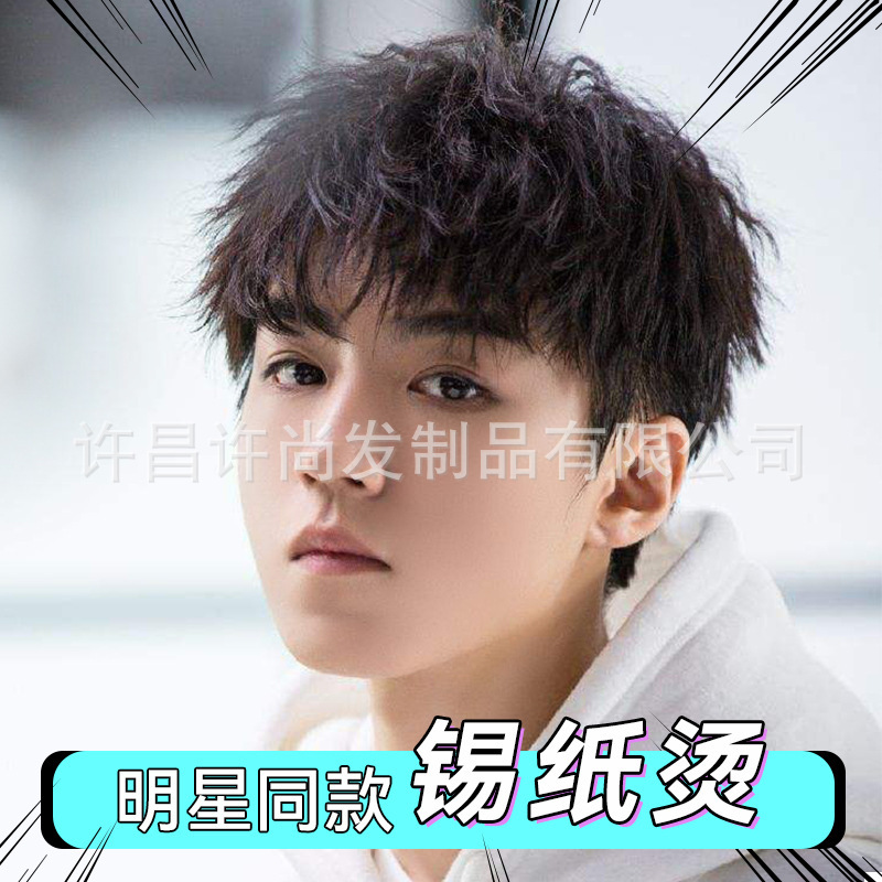 Men's Short Hair Wig Korean Style Internet Celebrity Foil Perm Instant Noodle Hair Morgan Perm Real Hair Top Hairpiece for Men