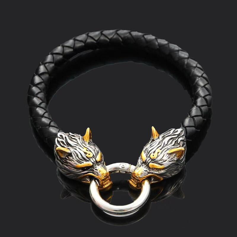 Foreign Trade Hot-Selling Viking Nordic Wolf Head Bracelet Viking Domineering Men's Bracelet Viking Leather Braided Bracelet Wholesale