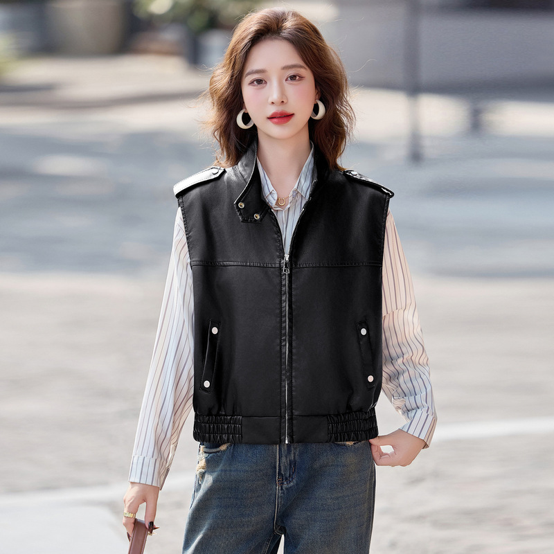 New Super Nice High-End Stand-Up Collar Motorcycle Leather Vest for Women 2025 Autum New Sleeveless Leather Jacket