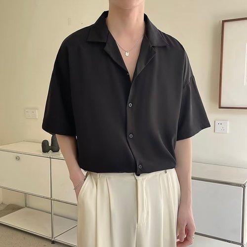 Chic five-sleeve Cuban collar summer origami-style shirt, Japanese minimalist new design standard men's trendy fashion youth popular