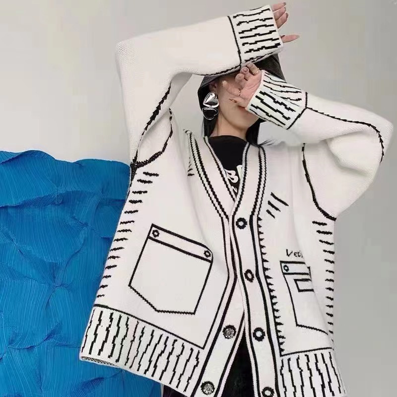 2023 otoño e invierno nuevo perfil blanco y negro pintura graffiti suéter flojo de las mujeres perezoso cardigan abrigo de punto superior