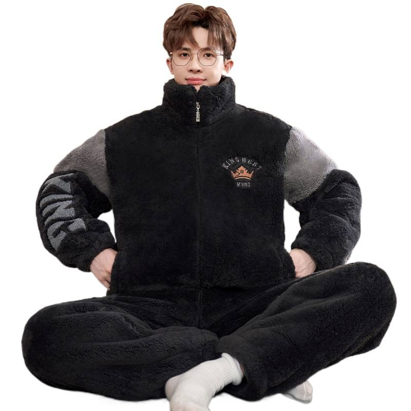 Plus Size Teenagers 140kg Zipper Cartoon Pajamas Men's Winter Thickened Coral Fleece Winter Student Homewear Set