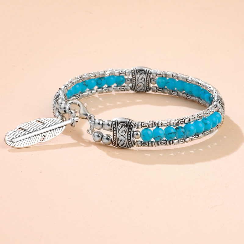 Cross-Border Hot-Selling Bohemian Style Turquoise Feather Pendant Bracelet, Vintage Distressed Silver Jewelry, Double-Layer Beaded Bracelet