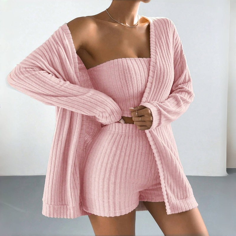European and American Cross-Border Brushed Pit Women's Pajamas Long-Sleeved Jacket Tube Top Shorts Three-Piece Set Can Be Worn Outside Home Clothes for Women