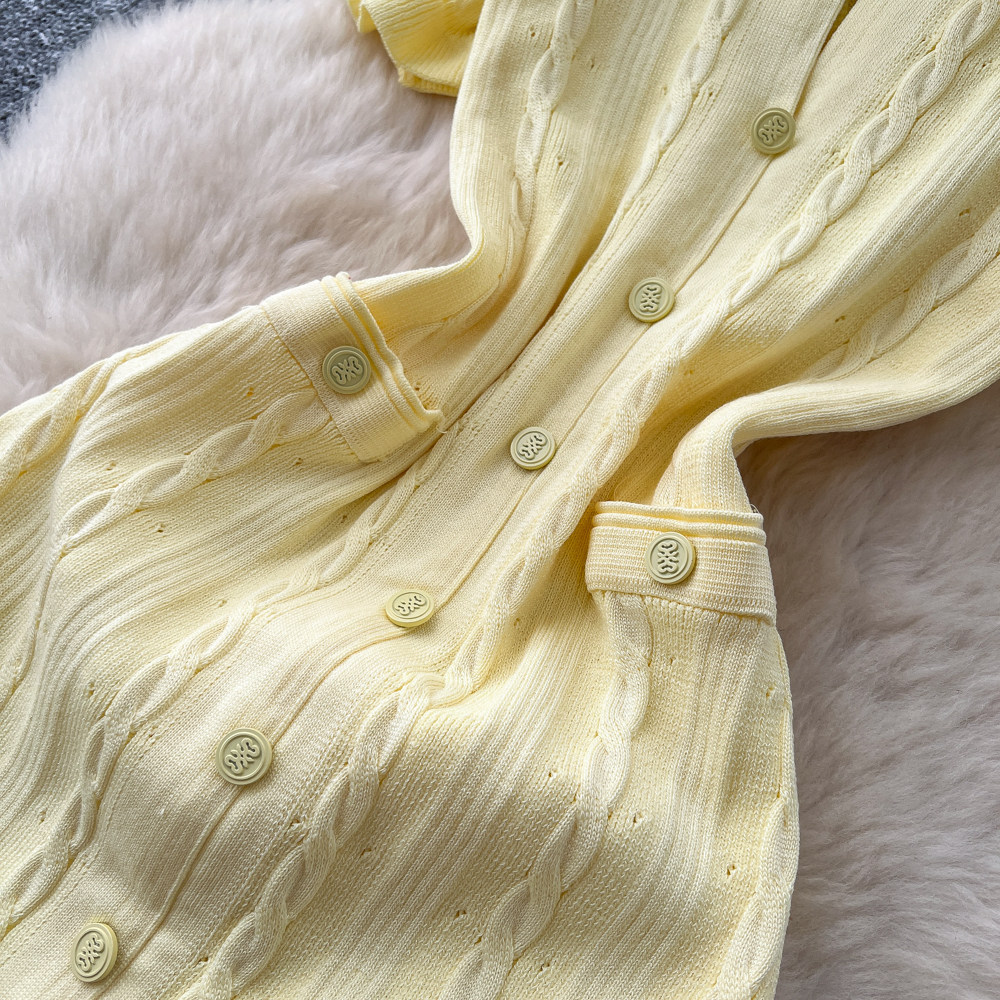 Women's Clothing Elegant Knit Tweed Dress With Front Buttons And Short Sleeves For Women_ecoleips.com