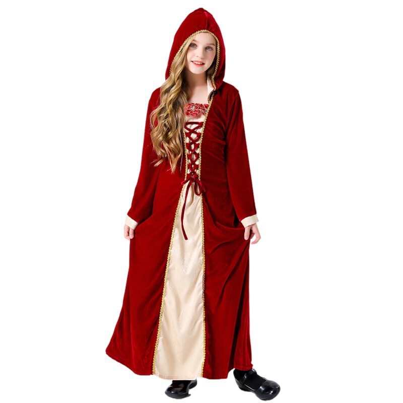 Palace Style Halloween Burgundy Trumpet Sleeve Long Dress Kidsren's Retro European Queen Dress Musical Performance Show