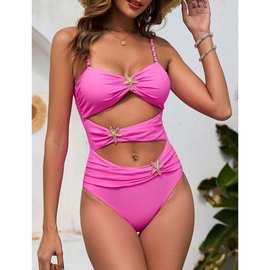 2025年新款欧美泳衣纯色拼接金属扣泳衣穿珠跨境连体泳衣女bikini