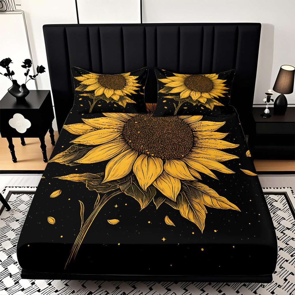 Comercio exterior transfronterizo textil doméstico patrón de girasol impresión digital 3D cama de molienda de tres piezas JIT modelo Temu