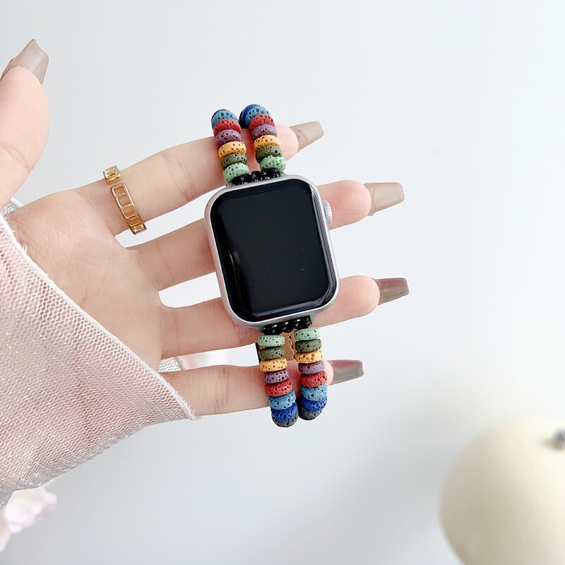 Suitable for applewatch9 watch strap iwatch8se Apple Watch leather creative volcanic stone beaded middle ancient
