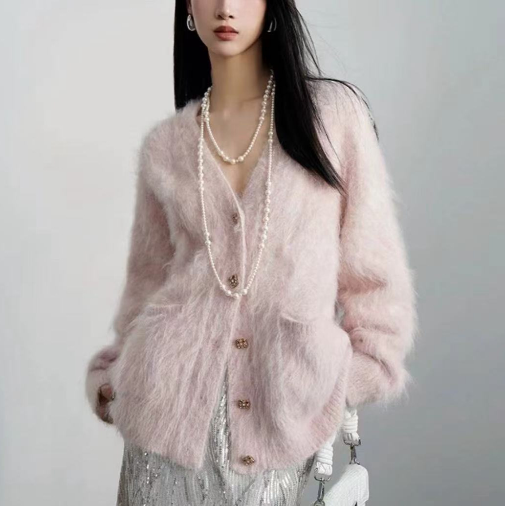 Korean Style Women's Soft and Lazy V Neck Knitted Cardigan Women's Autumn and Winter New Imitation Mink Velvet Loose Sweater Women's Jacket