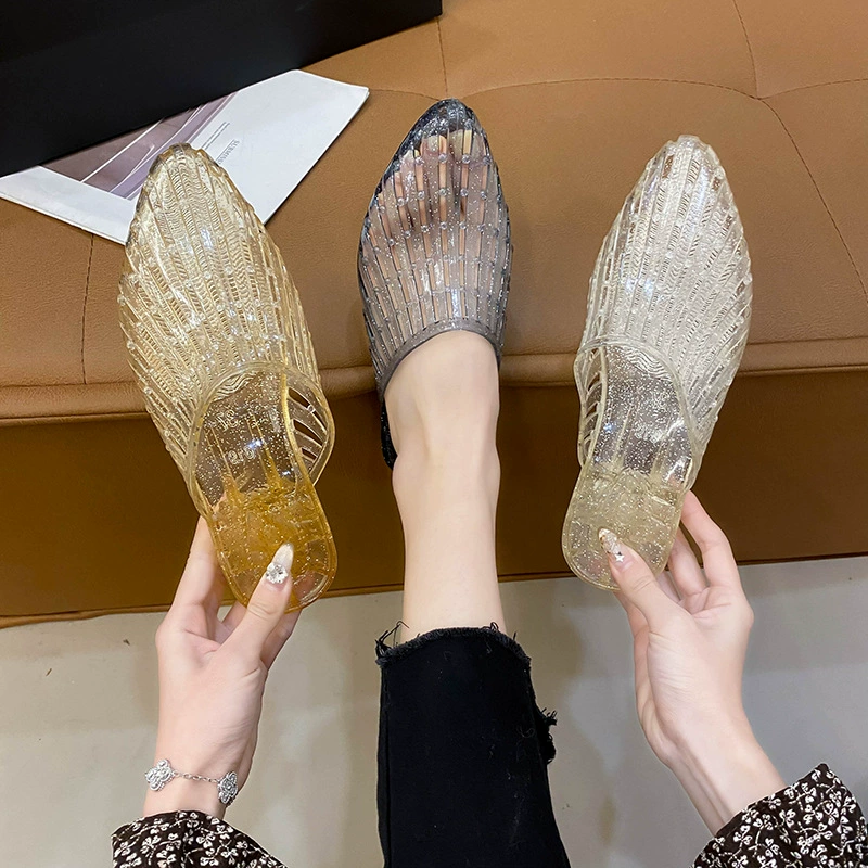 Хрустальные сандалии женские летние носки 2024 новые туфли на каблуке желе летние дырочки толстые подошвы прозрачные женские туфли