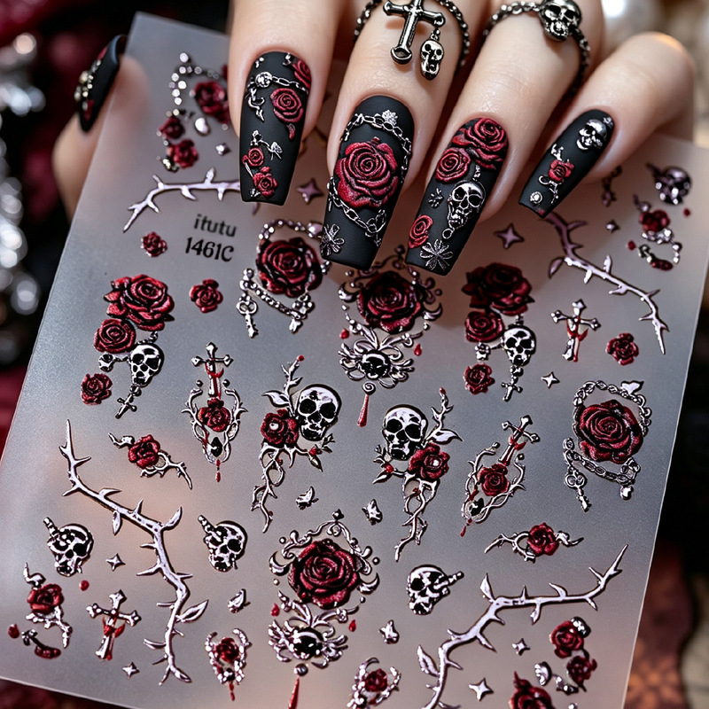 Cross-border Halloween nail art stickers, featuring embossed designs in a sweet and cool gothic style, with thorns, blood-red roses, and skull motifs for nail decoration