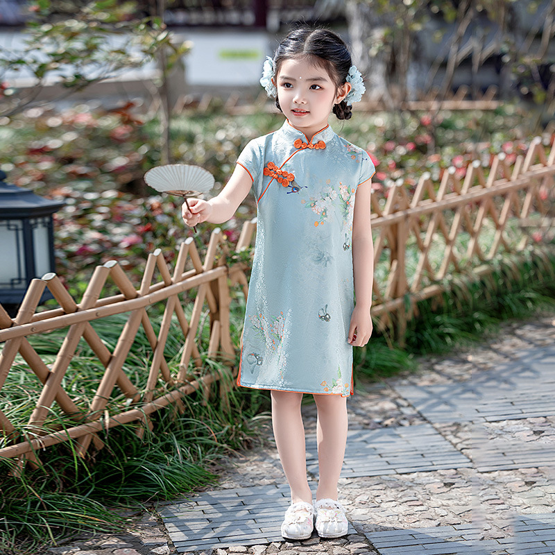 26-Year-Old Summer Girls' Short-Sleeve Qipao Dress with Chinese Style, Children's Dress, Little Girl's Retro Hanfu for Babies