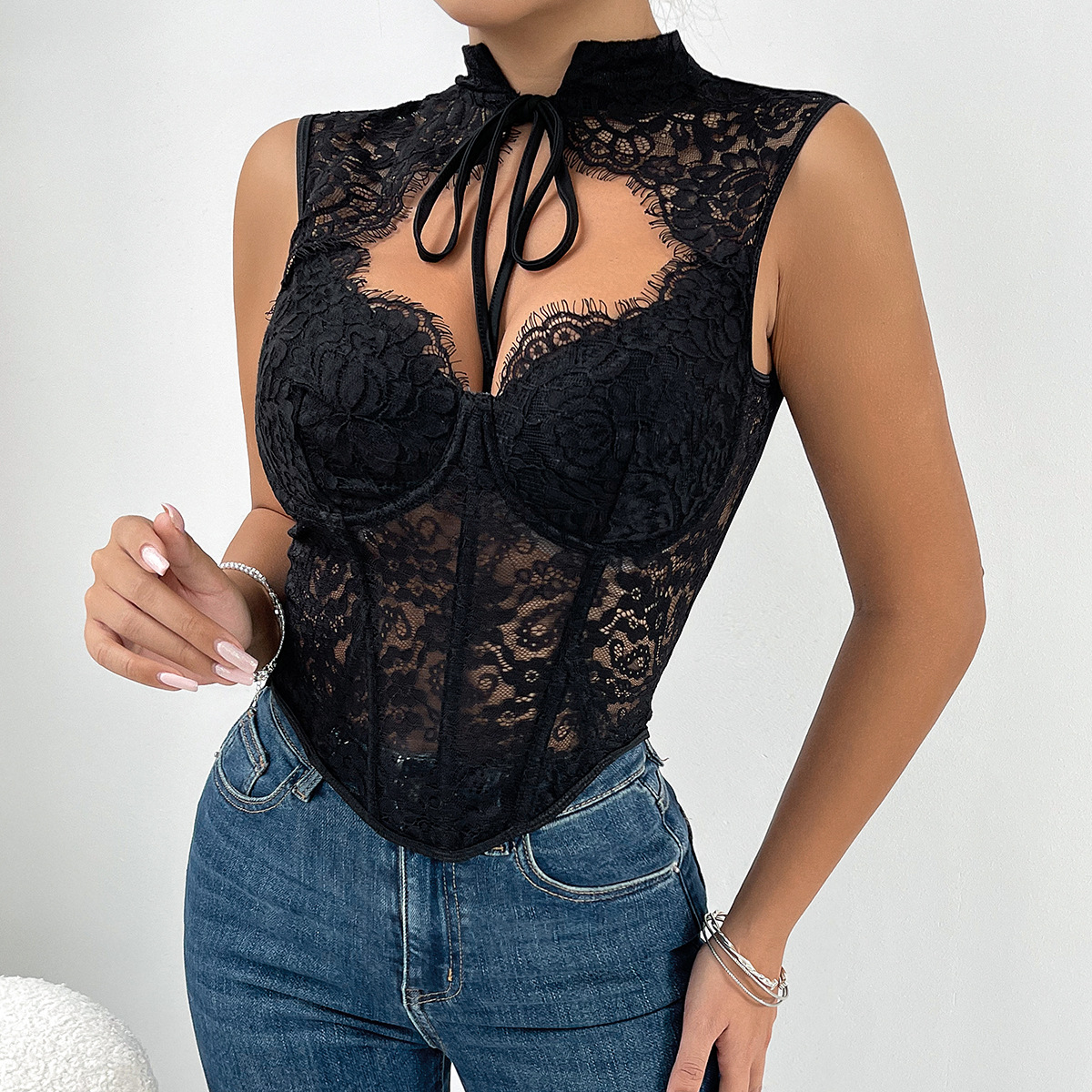 K New Sexy Lace See Through Mesh Fishbone Corset For Spicy Girls Wearing A Small Vest_voghion.com