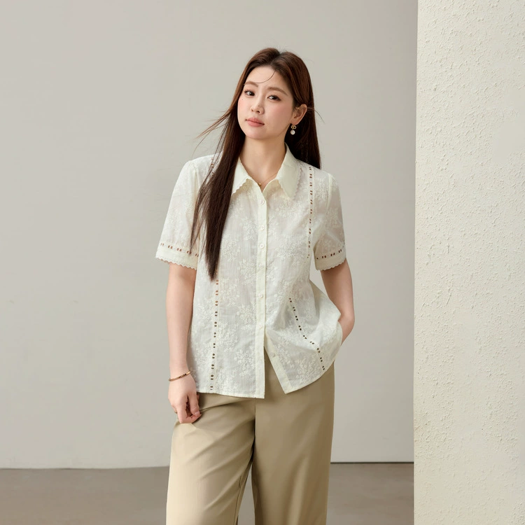 [Французская нежная и шикарная рубашка из чистого хлопка с лацканами] Тонкая и красивая женская одежда больших размеров, новый летний стиль fat mm2025