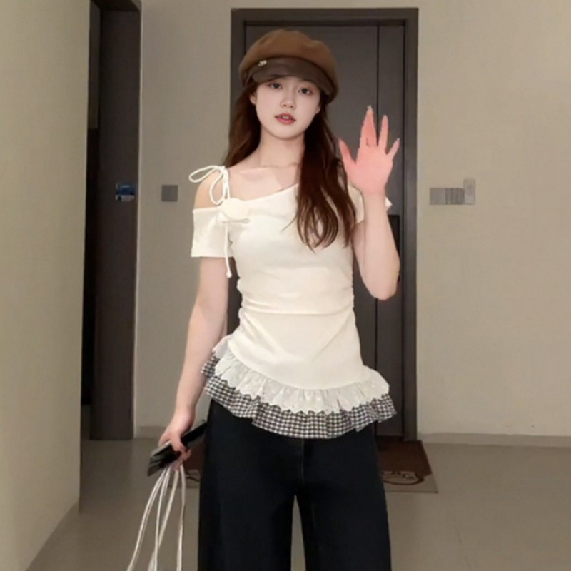 卸売 [40番手レーヨン] ホットガールフレンチリボン斜め肩半袖Tシャツレディース夏レーススプライシングショートスタイル|undefined